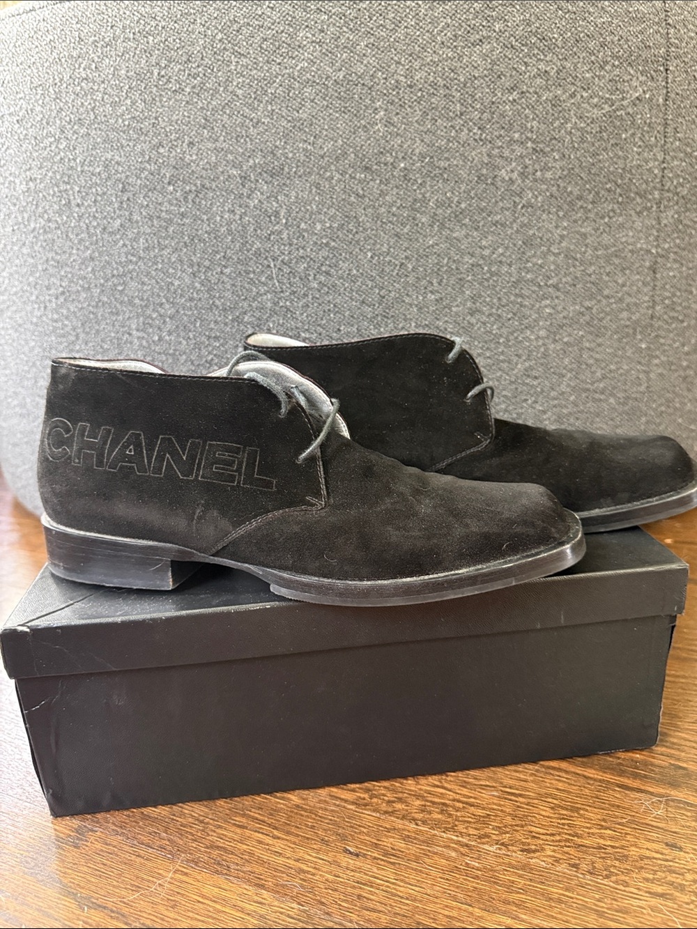 CHANEL Black Suede Chukka Boots with Embossed Logo